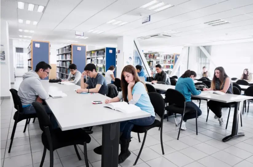 Estudiantes en la biblioteca de UNITEC estudiando y trabajando en equipo.