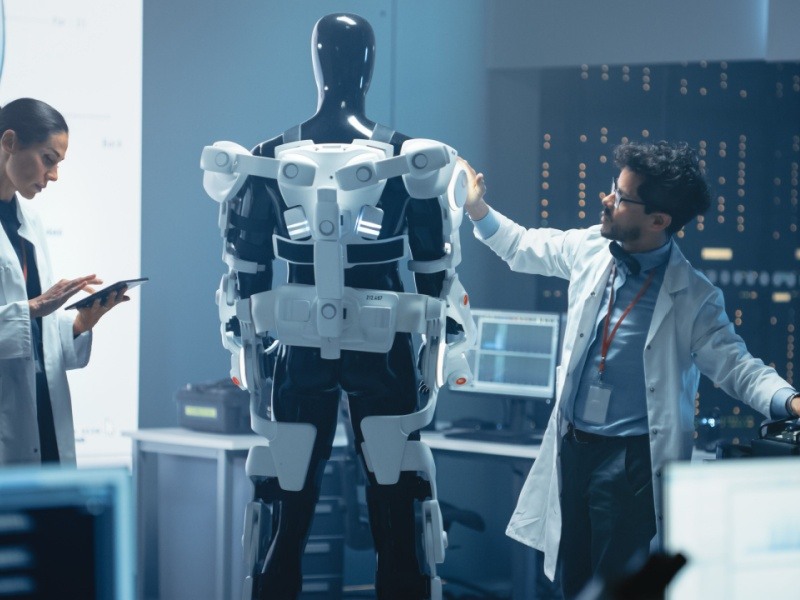 Ingenieros biomédicos desarrollando exoesqueleto robótico en laboratorio de tecnología médica