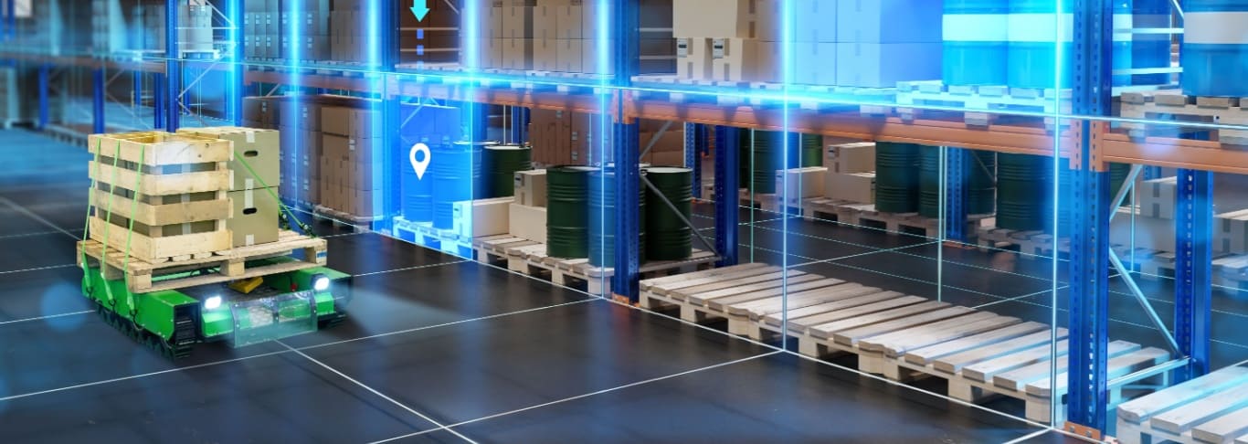 Sistema automatizado de almacén con robot logístico para gestión de inventarios y distribución