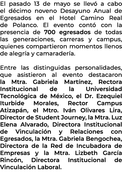 El pasado 13 de mayo se llev a cabo el d cimo noveno Desayuno Anual de Egresados en el Hotel Camino Real de Polanco....