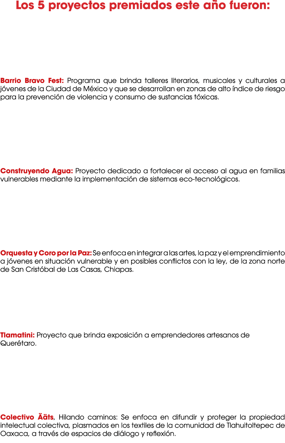 Los 5 proyectos premiados este a o fueron: Barrio Bravo Fest: Programa que brinda talleres literarios, musicales y cu...