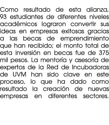  Como resultado de esta alianza, 93 estudiantes de diferentes niveles acad micos lograron convertir sus ideas en empr...