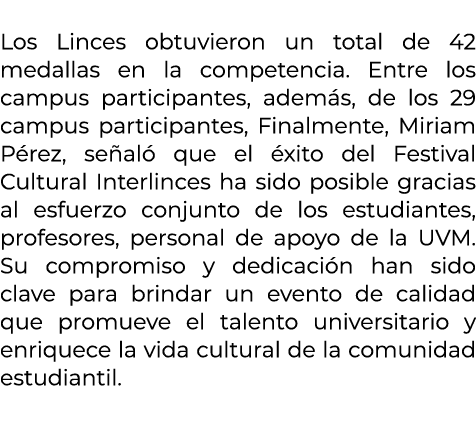  Los Linces obtuvieron un total de 42 medallas en la competencia. Entre los campus participantes, adem s, de los 29 c...